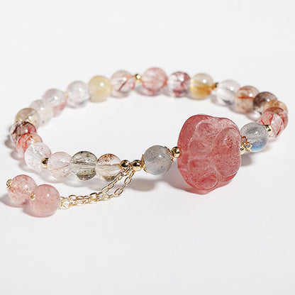 Mythstone Natural Strawberry Quartz Cat Paw Claw Colorful Rutilated Quartz Moonstone Love Bracelet