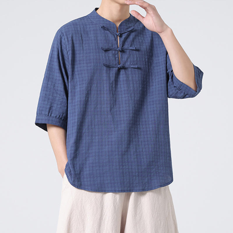 Mythstone Frog-Button Plaid Pattern Chinese Tang Suit Half Sleeve Shirt Cotton Linen Men Clothing