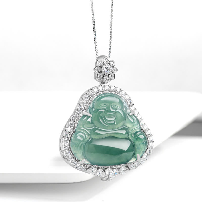 Mythstone 925 Sterling Silver Laughing Buddha Natural Jade Luck Abundance Chain Necklace Pendant