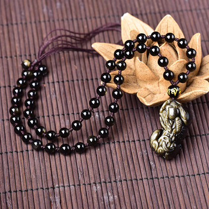 Mythstone FengShui Gold Sheen Obsidian PiXiu Wealth Necklace