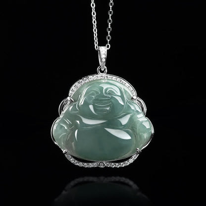 Mythstone 925 Sterling Silver Laughing Buddha Natural Jade Luck Necklace Chain Pendant