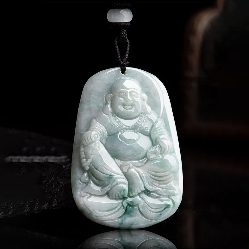 Mythstone Natural Jade Laughing Buddha Maitreya Buddha Luck String Necklace Pendant