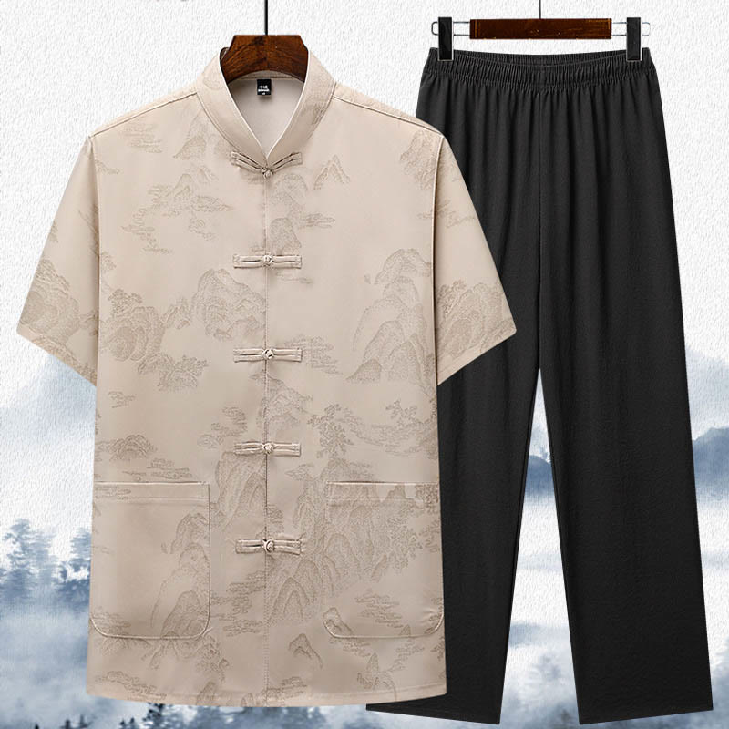 Mythstone Mountains Trees Tang Suit Hanfu Traditional Uniform Short Sleeve Top Pants Clothing Men's Set