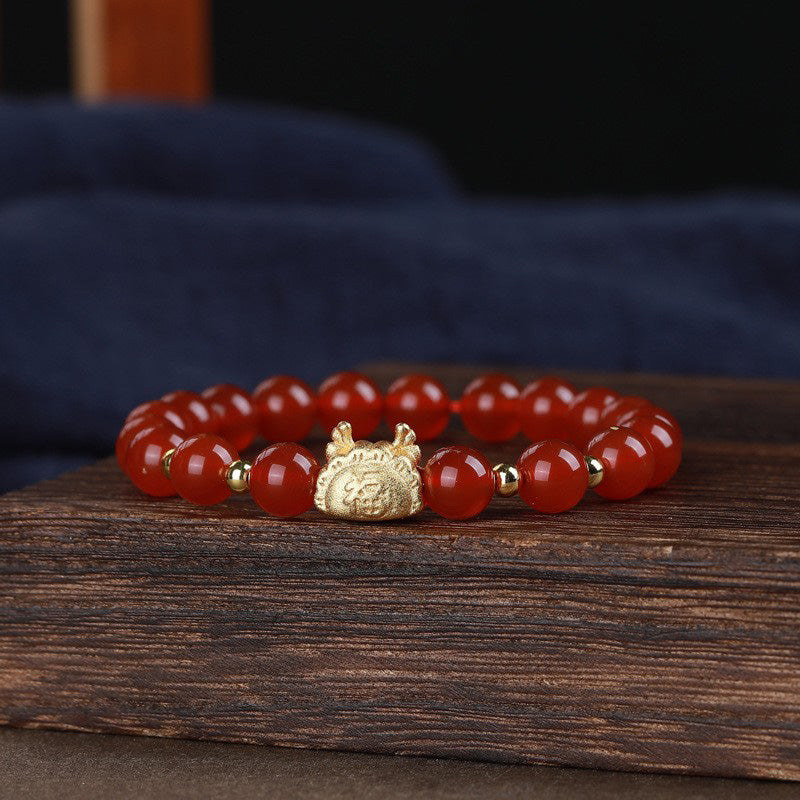 MythStone Year Of The Dragon Red Agate Gray Agate Dumpling Luck Fu Character Bracelet