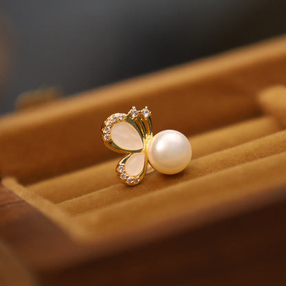 Mythstone 925 Sterling Silver Posts 18K Gold Plated Copper Natural Pearl Butterfly Zircon Healing Stud Earrings