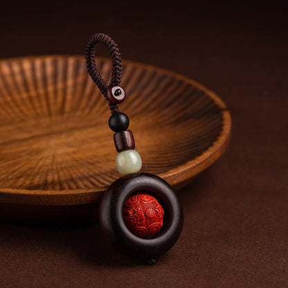 Mythstone Tibet Om Mani Padme Hum PiXiu Copper Coin Small Leaf Red Sandalwood Cinnabar Protection Key Chain