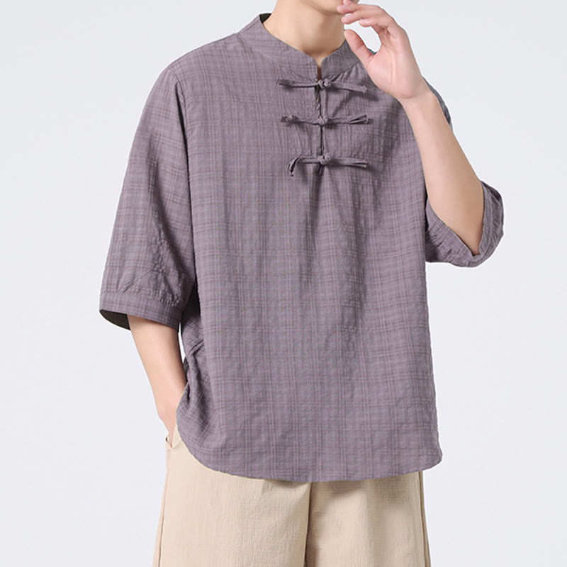 Mythstone Frog-Button Plaid Pattern Chinese Tang Suit Half Sleeve Shirt Cotton Linen Men Clothing