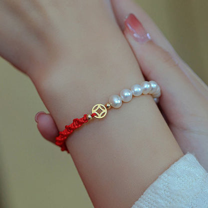 Mythstone 14K Gold Plated Pearl Bead Luck Protection Braid Red String Bracelet