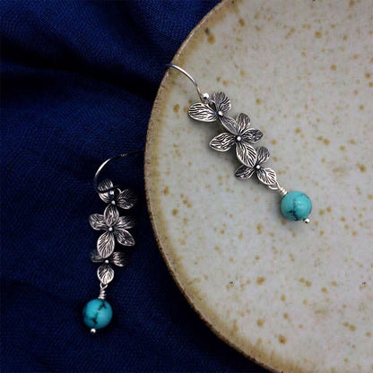 Mythstone 925 Sterling Silver Turquoise Lazurite Flower Leaf Serenity Protection Hook Drop Dangle Earrings