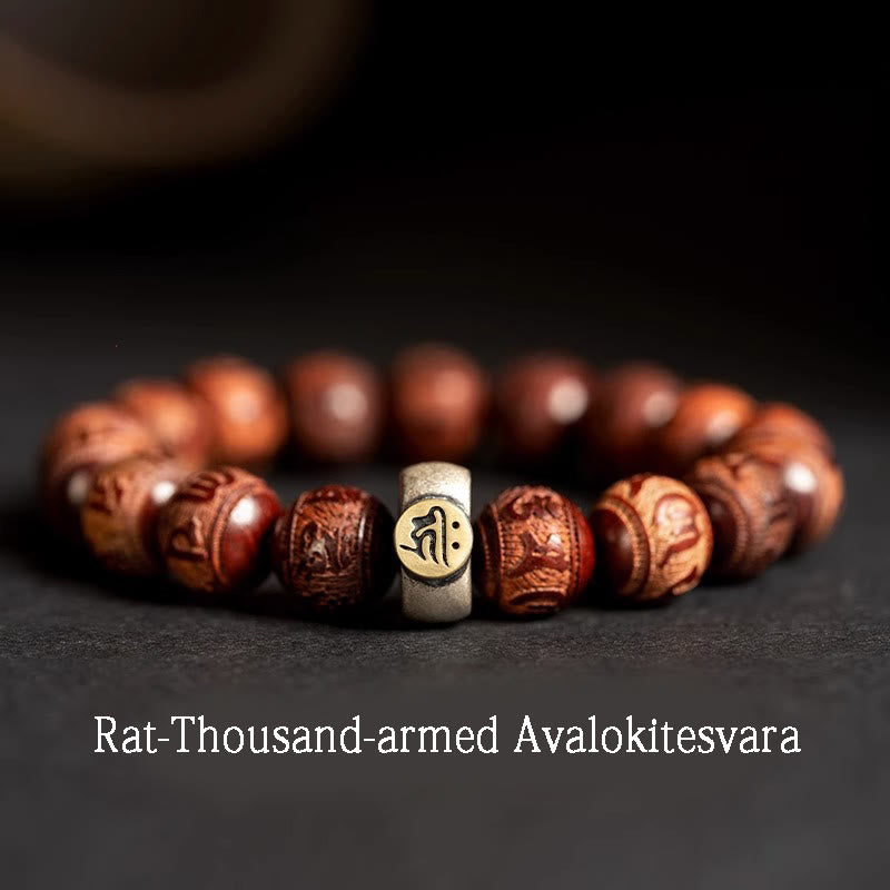 Mythstone Chinese Zodiac Natal Buddha Small Leaf Red Sandalwood Om Mani Padme Hum Protection Bracelet