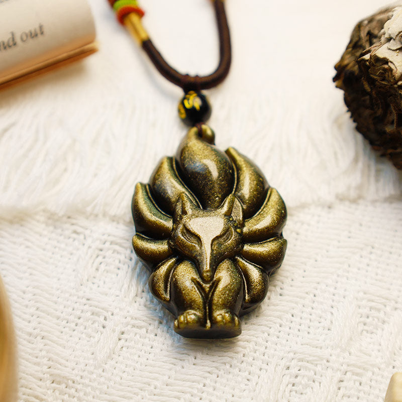 Mythstone Natural Rainbow Obsidian Gold Sheen Obsidian Nine Tailed Fox Positive Necklace Pendant