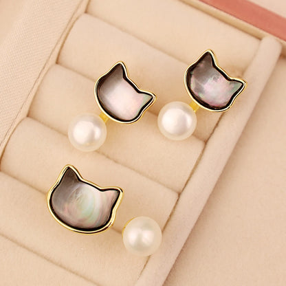 Mythstone 925 Sterling Silver Posts Cute Cat Tridacna Stone Pearl Ring Earrings Necklace Jewelry Set