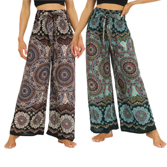 Mythstone Boho Mandala Print Lace-up Wide Leg Pants Women's Yoga Pants