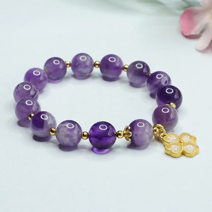 Mythstone Natural Amethyst Crystal Inner Peace Four Leaf Clover Charm Bracelet