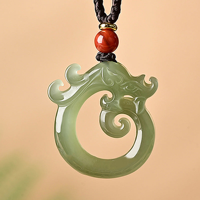 Mythstone White Jade Cyan Jade Dragon Protection Necklace String Pendant