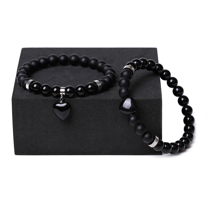 Mythstone 2Pcs Black Onyx Crystal Stone Love Heart Protection Support Couple Bracelet