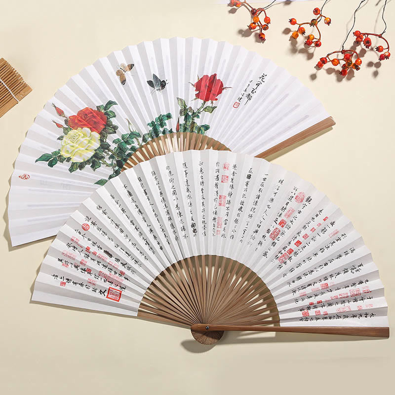 Mythstone Pine Tree Garden Peony Handheld Paper Bamboo Folding Fan 26cm