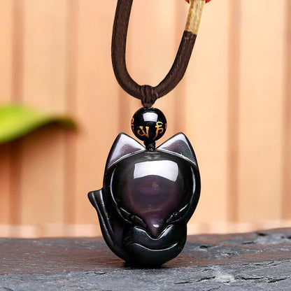 Mythstone Natural Rainbow Obsidian Gold Sheen Obsidian Nine Tailed Fox Positive Necklace Pendant