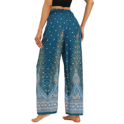 Mythstone Boho Peacock Feathers Lace-up Wide Leg Pants Women's Yoga Pants