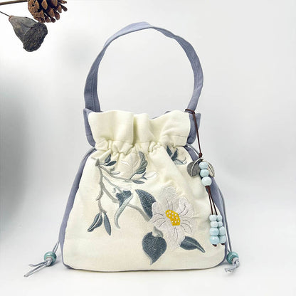 Mythstone Embroidered Butterfly Lotus Magnolia Cotton Linen Tote Crossbody Bag Shoulder Bag Handbag