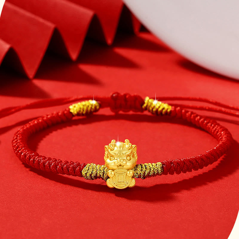 Mythstone 999 Sterling Silver Year of the Dragon Copper Coin Fortune Dragon Fu Character Luck Handcrafted Red String Braided Bracelet