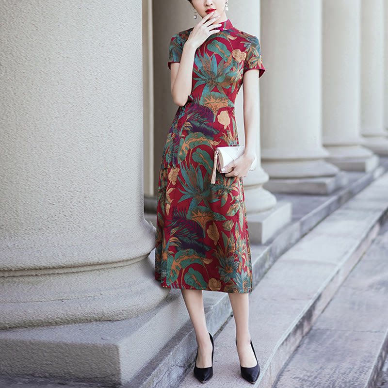 Mythstone Silk Qipao Dress Retro Flower Leaf Pattern Women's Cheongsam Dress