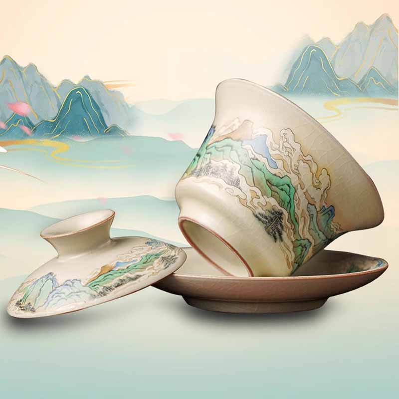 Mythstone A Panorama of Rivers and Mountains Flowers Ceramic Gaiwan Sancai Teacup Kung Fu Tea Cup And Saucer With Lid