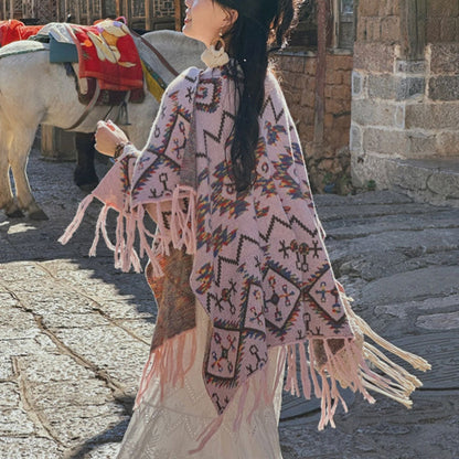 Chal tibetano Mythstone con estampado geométrico a rayas, bufanda de punto acogedora para viajes en invierno