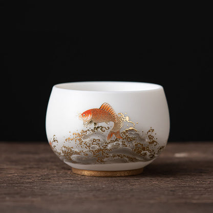 Mythstone Phoenix Dragon Lotus Deer Ancient Building Koi Fish Ceramic Teacup Kung Fu Tea Cups