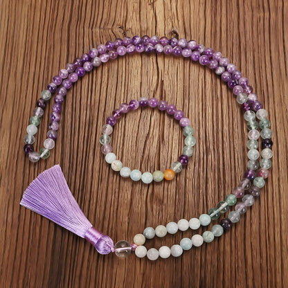 108 Mala Beads Amethyst Fluorite Amazonite Spiritual Positive Tassel Bracelet