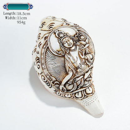 Mythstone Tibetan Handmade Engraved Shankha Buddha Avalokitesvara Conch Shell Wealth Decoration