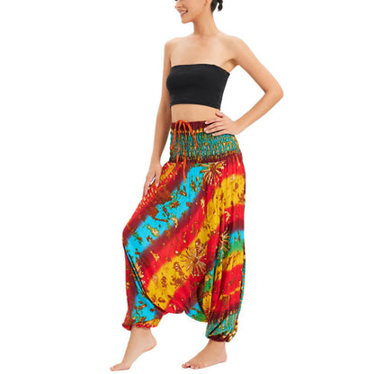 Mythstone Two Style Wear Gradient Colorful Loose Smocked Harem Trousers Jumpsuit High Waist Pants