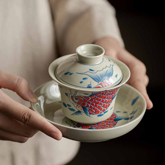 Mythstone Koi Fish Arowana Ceramic Gaiwan Sancai Teacup Kung Fu Tea Cup With Lid 130ml