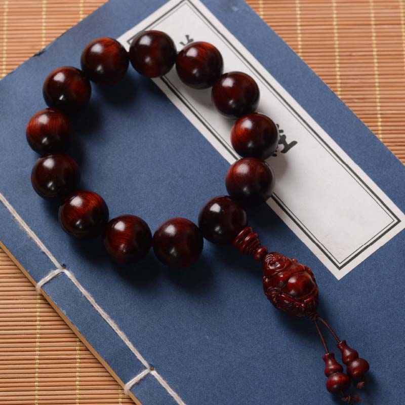 Mythstone Small Leaf Red Sandalwood Laughing Buddha God of Wealth Protection Bracelet