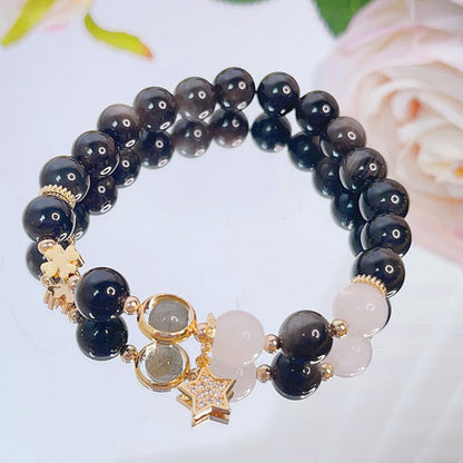 Pulsera de protección con forma de corazón, estrella y flor de obsidiana con brillo de plata natural Mythstone