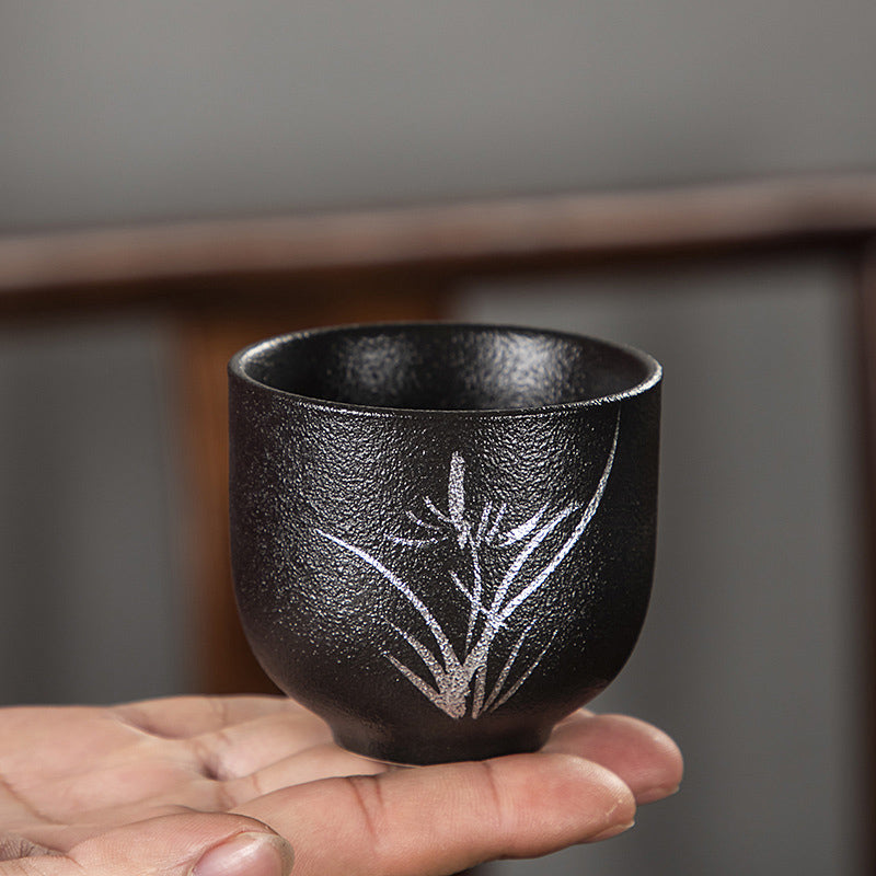 Mythstone Hand Painted Lotus Flower Bamboo Chrysanthemum Black Pottery Ceramic Teacup Kung Fu Tea Cup 95ml