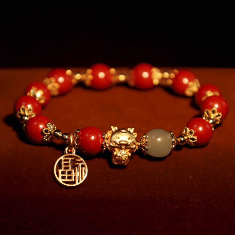 Mythstone Year of the Dragon Natural Cinnabar Fu Character Charm Blessing Bracelet