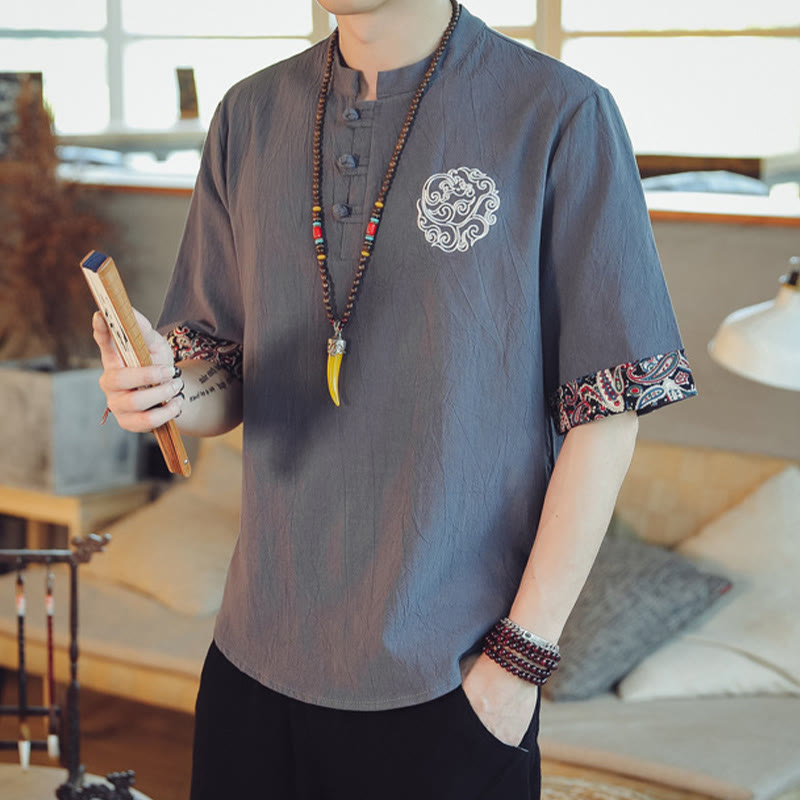 Mythstone Frog-Button Dragon Embroidery Chinese Tang Suit Short Sleeve Shirt Linen Men Clothing