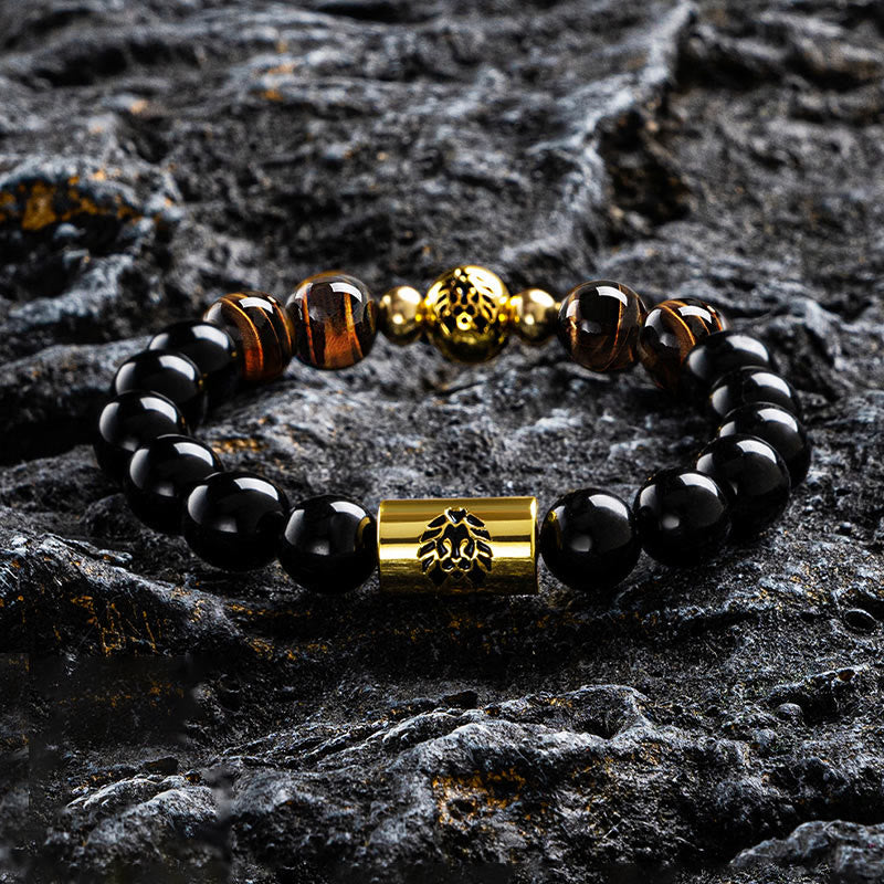 Mythstone Black Onyx Tiger Eye Bead Lion Engraved Protection Bracelet