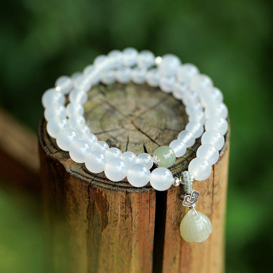 Mythstone White Agate Jade Lotus Protection Bracelet