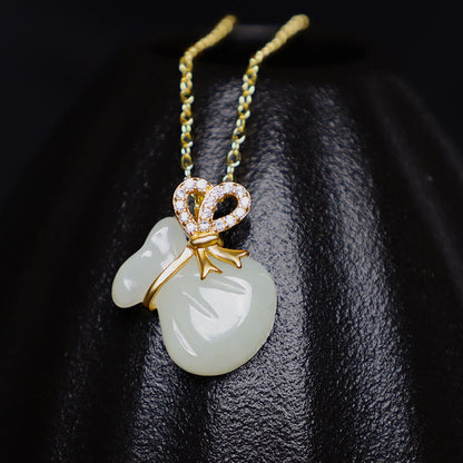 Mythstone Natural Hetian White Jade Luck Money Bag Necklace Pendant