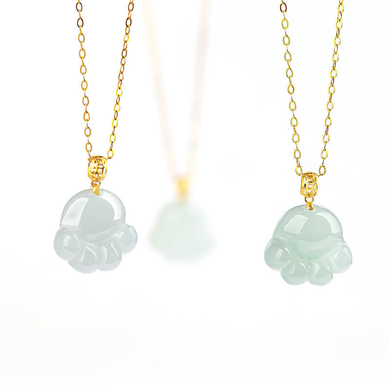 Mythstone 925 Sterling Silver 18K Gold Plated Natural Jade Cat Paw Pattern Luck Necklace Pendant