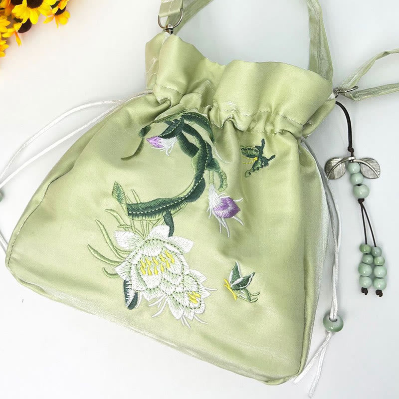 Mythstone Embroidered Flowers Wisteria Lily Cotton Linen Tote Crossbody Bag Shoulder Bag Handbag