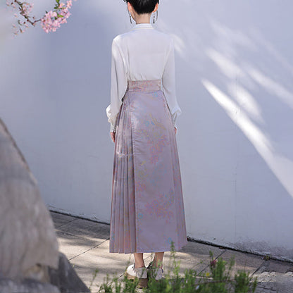 Mythstone Chinese Hanfu Pink Flying Crane Printed Horse Face Skirt Mamianqun