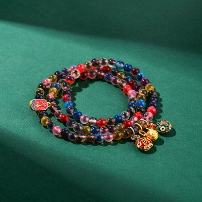 Pulsera de triple vuelta con dije de fuerza familiar y bestia devoradora de oro y ágata de caramelo colorida Mythstone