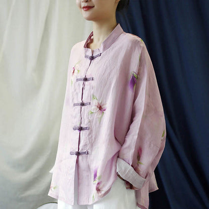 Mythstone Pink Flower Print Frog-button Design Batwing Long Sleeve Ramie Linen Jacket Shirt