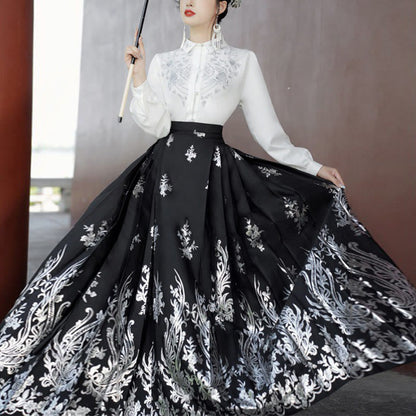 Mythstone Flowers Leaves Feathers Long Sleeve Shirt Top Chinese Hanfu Ming Dynasty Horse Face Skirt Mamianqun Skirt