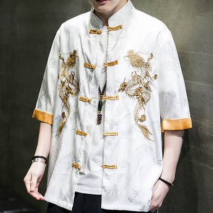 Mythstone Frog-Button Chinese Dragon Embroidery Half Sleeve Shirt Linen Men Clothing