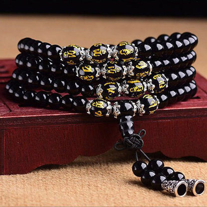 MythStone Black Obsidian Six True Words Protection Mala Bracelet