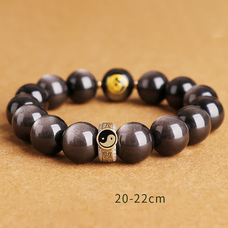 Mythstone 925 Sterling Silver Black Obsidian Gold Sheen Obsidian Silver Sheen Obsidian Yin Yang Protection Bracelet